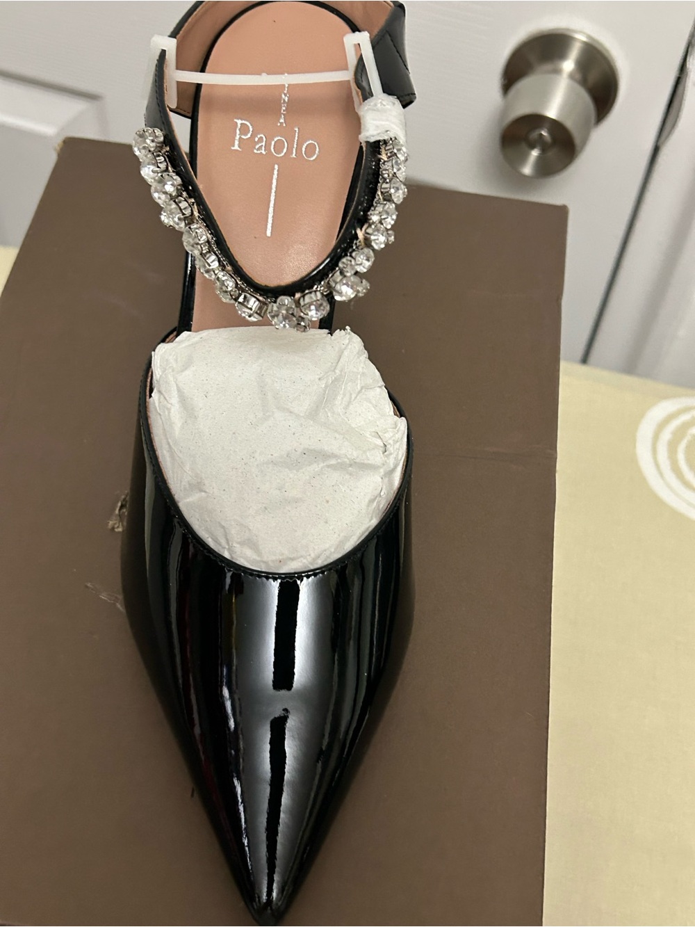 Paolo Black Patent Pointed Toe Embellished Slingback